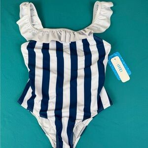 Iffei Girls One Piece Swimsuit Ruffle Stripe Bow Back Blue White NWT 8-9Y